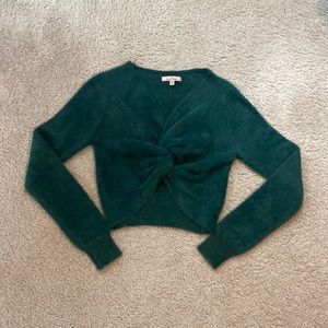 Green Cropped Twist Front Fuzzy Sweater